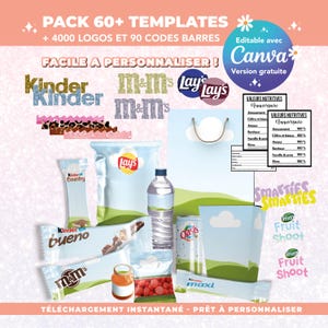 Paquete completo de 60 plantillas de embalaje: diseños personalizados para Haribo, M&M's, Kit Kat, Lay's, Kinder. Plantillas de logotipos y códigos de barras de Canva.