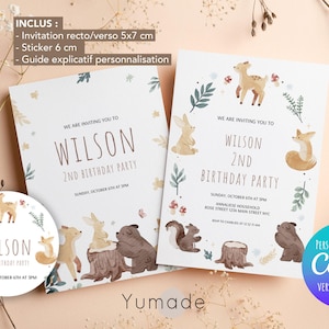 Modèle modifiable d'invitation de fête d'anniversaire animaux de la foret, invitation anniversaire foret, étiquette, canva, template