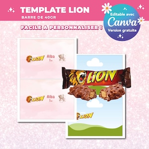 Peut inclure: Un modèle rose avec le texte "TEMPLATE LION" et "BARRE DE 40GR". Il comprend une barre chocolatée Lion et un graphique avec le texte "FACILE A PERSONNALISER!" et "Editable avec Canva".