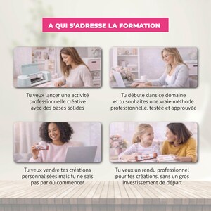 May include: Image with the text "A QUI S'ADRESSE LA FORMATION" in pink. Below are four images of women and girls working on creative projects. The text below the images describes the target audience for the training.