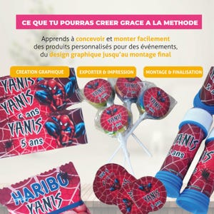 May include: Image featuring party favors with a Spider-Man theme. Includes lollipops, bubble wands, and candy packaging, all with the name "YANIS" and the age "5 ans". The text at the top says "CE QUE TU POURRAS CREER GRACE A LA METHODE".