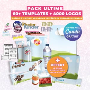 Pack Ultime 60+ Gabarits Papeterie +4000 Logos | Templates Canva Anniversaire Enfant : Kinder Nutella Bonbons Chips + Guide Matériel Méthode