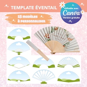 Könnte beinhalten: Ein Satz von 15 druckbaren Fächer-Vorlagen zum Anpassen mit Canva. Die Vorlagen bieten verschiedene Designs, darunter eine Landschaftsszene mit einer Wolke, einen Fächer mit Blumenmuster und einen einfachen Fächer mit weißem Hintergrund. Der Text "Mariage Camille & Thomas" ist auf einer der Vorlagen sichtbar.