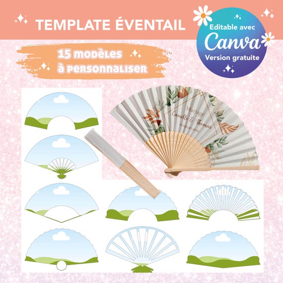 Template pour éventail - Modèle éventail canva modifiable - sublimation maquette éventail personnalisé - éventail mariage personnalisé