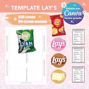 Template pour emballage chips lay's - Modèle personnalisé chips lay's - chips lay's personnalisé - template canva logo et code barres