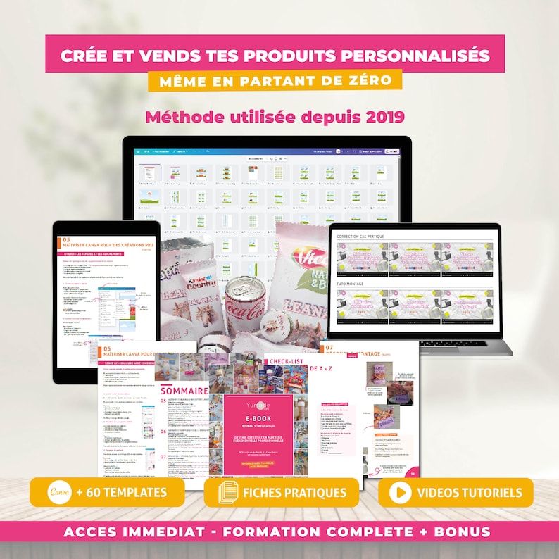 May include: A digital marketing graphic with the text "CR&Eacute;E ET VENDS TES PRODUITS PERSONNALIS&Eacute;S" and "M&Ecirc;ME EN PARTANT DE Z&Eacute;RO". The image includes a laptop, tablet, and smartphone displaying various digital content, along with snacks.