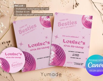 Editable template retro girly birthday party invitation, girly birthday invitation, retro, label, canva, template