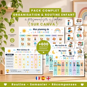 Op de afbeelding: Een digitaal organisatie- en routinepakket voor kinderen met een weekplanner, beloningskaart en schema's voor ochtend-, middag- en avondroutines. Bevat meer dan 600 illustraties en pictogrammen met kleurrijke iconen voor dagelijkse taken.