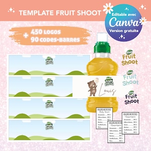 Peut inclure: Un modèle imprimable pour les étiquettes de bouteilles de jus Fruit Shoot. Le modèle présente un ours en dessin animé tenant un ballon et le texte "Fruit Shoot Louis". Le modèle comprend également des informations nutritionnelles et un espace pour un logo et un code-barres.