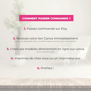 May include: A graphic with instructions on how to order. The text is in French and includes steps like ordering on Etsy, receiving a Canva link, creating models online, printing, and enjoying the product. The background is light with a wooden table.
