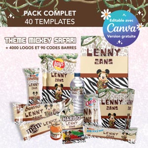 Pack complet 40 Templates emballage Mickey Safari - Modèles personnalisés haribo, m&m's, kit kat, lay's, kinder - anniversaire Mickey Jungle