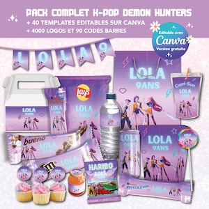 Peut inclure: Ensemble de fournitures de fête sur le thème K-Pop, comprenant une bannière, un sac cadeau, des collations et des boissons. Les articles sont décorés avec le nom "LOLA 9ANS" et des images de personnages d'anime. Le texte "PACK COMPLET K-POP DEMON HUNTERS" est visible.