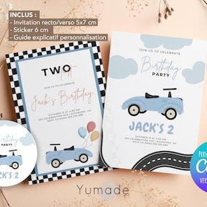 Modèle modifiable d'invitation de fête d'anniversaire voiture course bébé, invitation voiture enfant, étiquette, canva, template