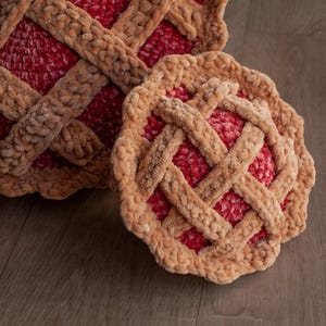Può includere: Due cuscini di peluche a forma di torta. Il ripieno è di un rosso vibrante e la crosta è marrone chiaro, tessuta a motivo a griglia. I cuscini sono su una superficie di legno.