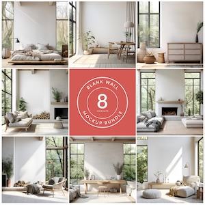 Peut inclure: Ensemble de 8 images de maquettes de murs vierges présentant différentes pièces avec des meubles et des décorations variés. Les pièces ont de grandes fenêtres avec vue sur une forêt. Les murs sont blancs et prêts pour votre design.