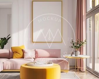 May include: A pink sectional sofa with a yellow throw pillow and a yellow ottoman with a white tray on top. A gold framed picture hangs on the wall behind the sofa. A gold side table with a vase of white flowers sits next to the sofa. The room has white walls and a large window with pink curtains.
