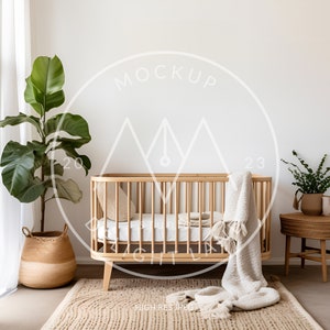 May include: A wooden crib with a white blanket and a beige pillow. The crib is in a nursery with a large green plant and a wooden side table with a woven basket.
