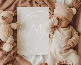 Nursery poster mockup with sleepy baby, 2:3ratio, Earthy tones, Nursery mockup, PSD smart object, Instant download
