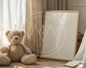 Nursery frame mockup with teddy, DIN A/5:7 ratio, Neutral color, Nursery mockup, PSD smart object, Instant download