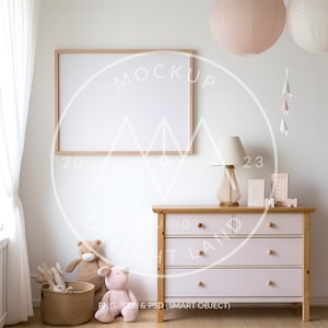 May include: A white framed picture mockup with a pink dresser with four drawers, a lamp with a white shade, and a stuffed animal on the floor. The dresser has a wooden top and the room is decorated with pink paper lanterns.