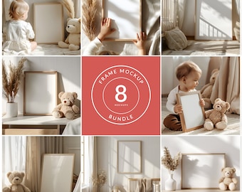 Bundle med mockup för barnrumsram, neutral beige färg, mockup för väggkonst för barnrum, PSD smart objekt, direktnedladdning