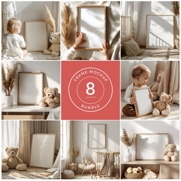 Nursery Frame mockup Bundle, Neutral beige color, Nursery wall art mockup, PSD smart object, Instant download