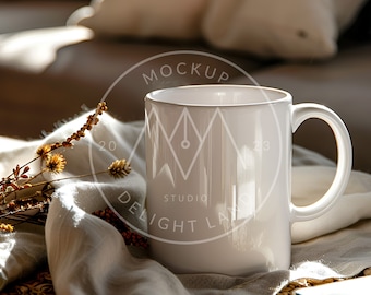 White Ceramic Mug Mockup, Cozy Neutral Aesthetic, Mug mockup, PSD smart object, Instant download