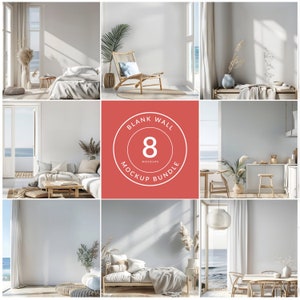 Peut inclure: Un ensemble de 8 images de maquettes de murs blancs mettant en scène différentes pièces avec une décoration côtière, notamment un lit, un canapé, des chaises et une table à manger. Les murs sont blancs et les pièces sont décorées d'éléments naturels comme des herbes séchées et des plantes.