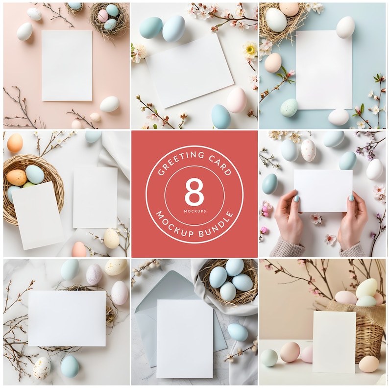 May include: A set of 8 greeting card mockups featuring blank white cards with pastel colored Easter eggs and spring blossoms. The cards are displayed in various settings, including a nest, a table, and a hand holding the card.