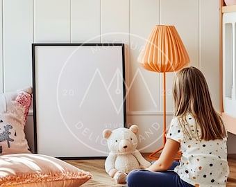 Kids room frame mockup, 3:4ratio, Pink Salmon Blue colors, Children's room mockup, PSD smart object, Instant download