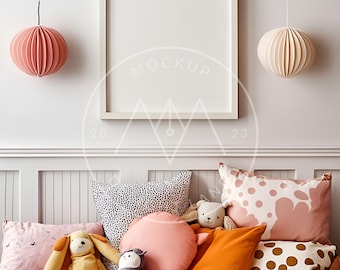 Kids room frame mockup, Square ratio, Pink Salmon Blue colors, Children's room mockup, PSD smart object, Instant download
