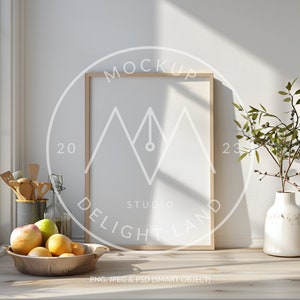 Minimal scandinavian kitchen Frame Mockup, Vertical wooden frame, DIN ratio, PSD mockup, Instant download