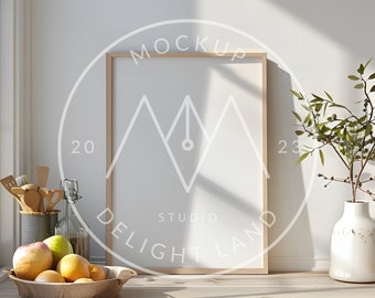 Minimal scandinavian kitchen Frame Mockup, Vertical wooden frame, DIN ratio, PSD mockup, Instant download