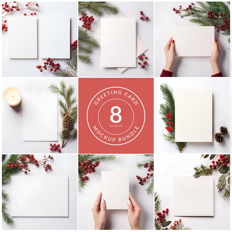 May include: A set of 8 greeting card mockups featuring white cards with a wintery theme. The cards are displayed on a white background with sprigs of greenery, red berries, and pine cones.