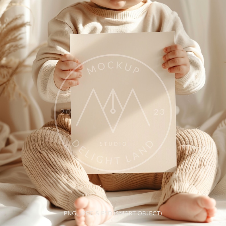 May include: A baby in a beige sweater and pants holds a blank white card with the text "MOCKUP" and "STUDIO DELIGHT LAND" printed on it.