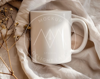 White Ceramic Mug Mockup, Cozy Neutral Aesthetic, Top view Mug mockup, PSD smart object, Instant download