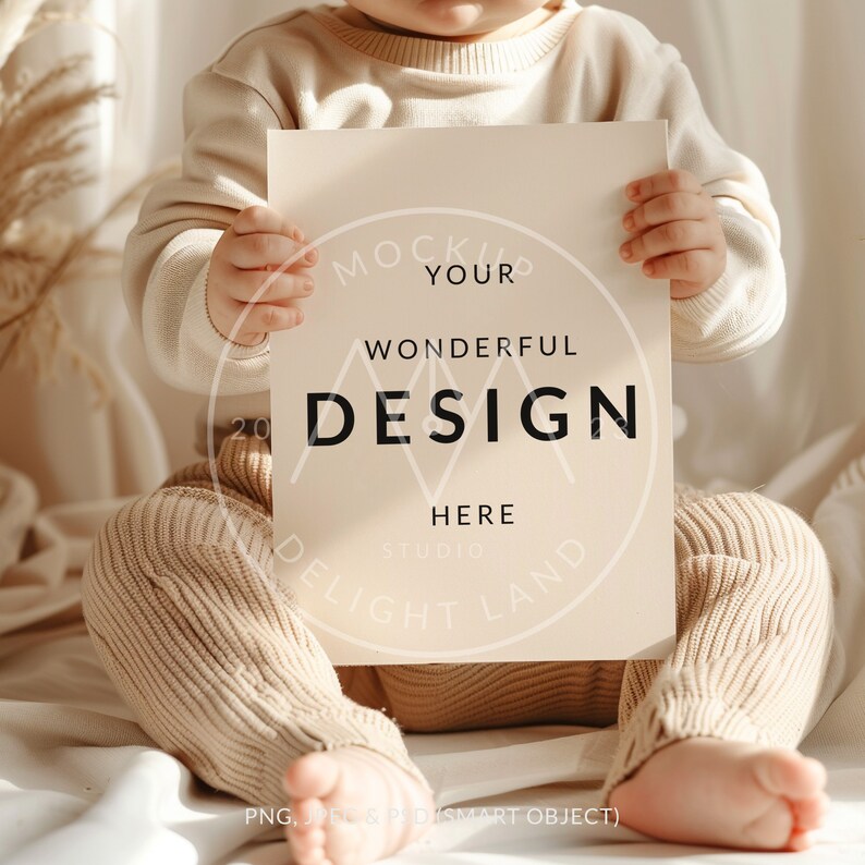 May include: A child holding a white card with the text "Mock Up Your Wonderful Design Here Studio Delight Land" printed in black.