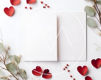 Puede incluir: Una maqueta de tarjeta blanca con dos paneles en blanco, rodeada de corazones de papel rojo y ramas de eucalipto sobre un fondo blanco.