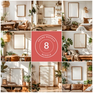 Op de afbeelding: Een set van 8 frame mockups met verschillende interieurstijlen. De mockups tonen frames in verschillende maten in verschillende kamers, waaronder een woonkamer, eetkamer en slaapkamer. De frames zijn allemaal leeg, waardoor ze gemakkelijk kunnen worden aangepast.