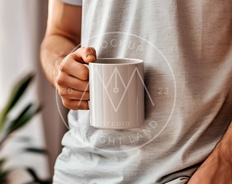 White Ceramic Mug Mockup, Man holding cup, Spring Mug Mockup, PSD smart object, Instant download