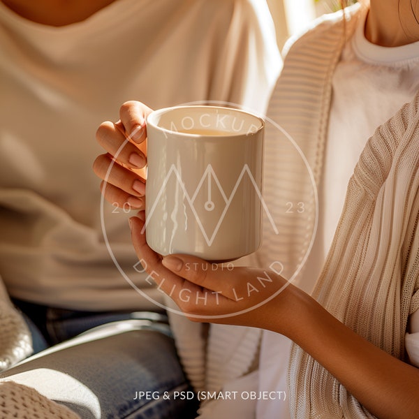 White Ceramic Mug Mockup, Woman holding mug mockup, Friends, PSD smart object, Instant download