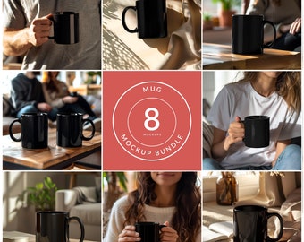 Black Ceramic Mug Mockup Bundle, Cozy Neutral Aesthetic, Mug mockup, PSD smart object, Instant download