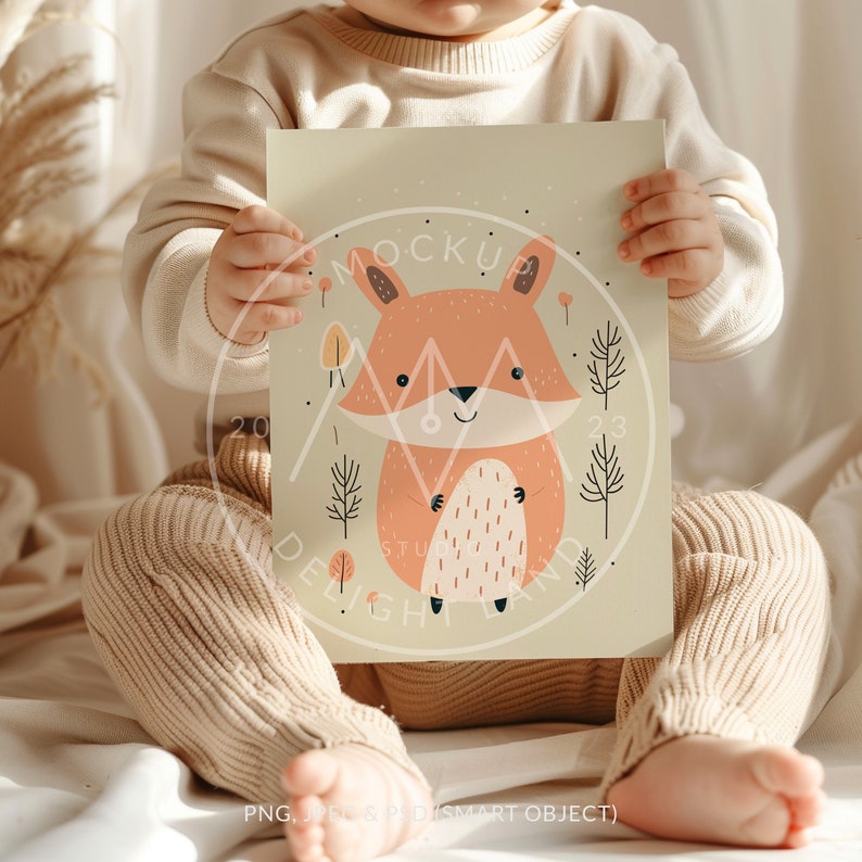 May include: A child holds a printable art print featuring a cute cartoon fox in a forest setting. The print has a light green background with brown trees and orange leaves.