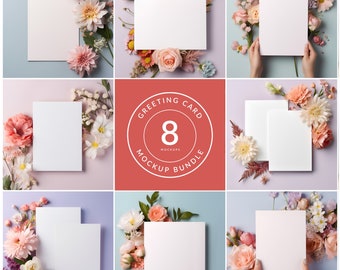 May include: Eight blank greeting cards mockup set with floral arrangements in various colors. The cards are arranged in different positions and surrounded by flowers.
