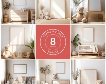 Bunt med mockup-ram för barnrum, neutral beige färg, mockup-väggkonst för barnrum, PSD smart objekt, direktnedladdning