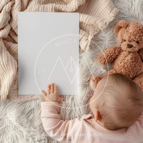 Nursery poster mockup with baby, 3:4 ratio, Light pink color, Nursery mockup, PSD smart object, Instant download