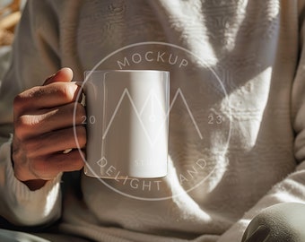 White Ceramic Mug Mockup, Man holding mug, Cozy Aesthetic, PSD smart object, Instant download