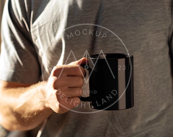 Black Ceramic Mug Mockup, Man holding cup, Black Mug Mockup, PSD smart object, Instant download