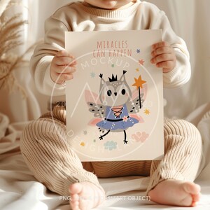 May include: A white card with the text "Miracles Can Happen" and a cartoon illustration of a gray owl wearing a blue dress and a crown, holding a wand with a star on top. The owl has pink wings and is surrounded by stars and clouds.