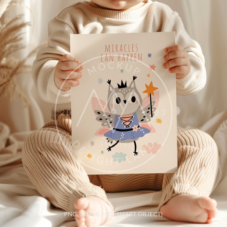 May include: A white card with the text "Miracles Can Happen" and a cartoon illustration of a gray owl wearing a blue dress and a crown, holding a wand with a star on top. The owl has pink wings and is surrounded by stars and clouds.